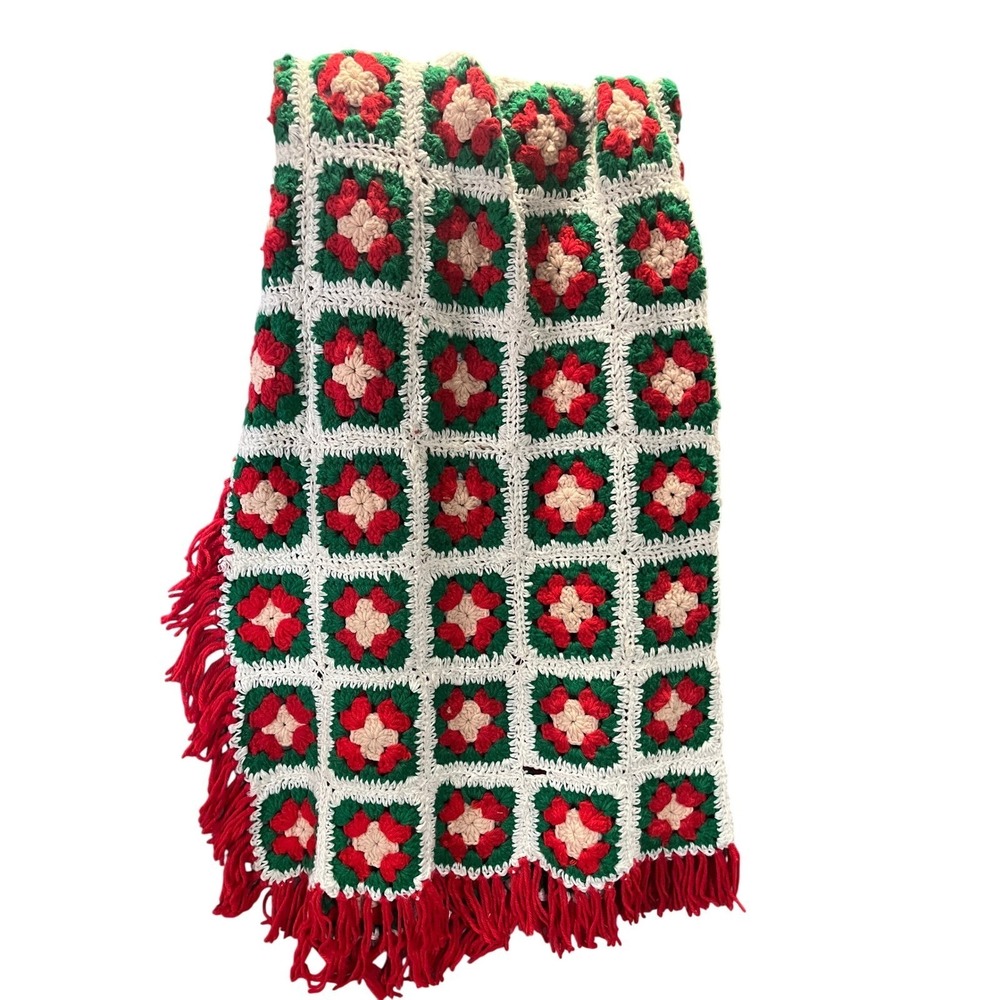 Vintage Handmade Granny Square Crochet Blanket Quilt Throw Red Fringe‎ 60x45